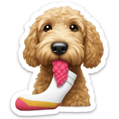 Create a goldendoodle eating a sock sticker