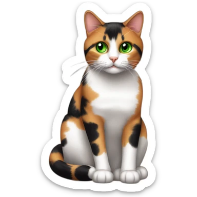 staring calico cat with green eyes sat on cardboard scratcher sticker