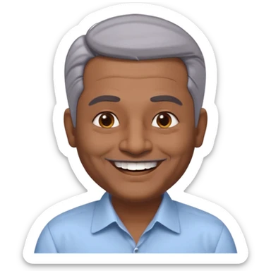 50 yr old indian man, dark skin, grey hair, big smile, white teeth, chubby, no moustache, clean shaven, young style hair, hair brushed back, 5 oclock shadow, bindy on forehead, dress shirt, bindy sticker