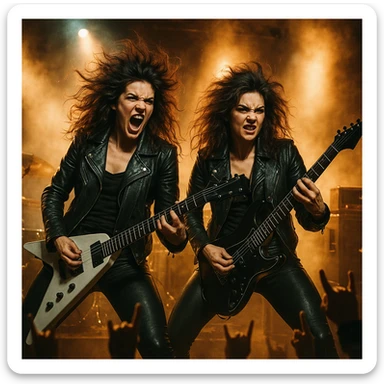 Gemini twins in leather jackets, electric guitars, heavy metal concert vibe, energetic and fierce sticker