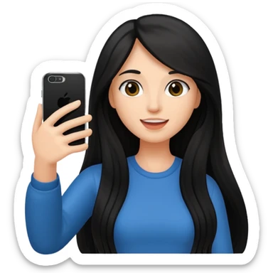 black long haired woman holding her phone having selfie sticker
