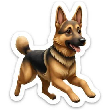 A German Shepherd running through a forest trail, showing strength and motion. Sunlight filtering through trees, dynamic action shot, detailed fur texture. sticker