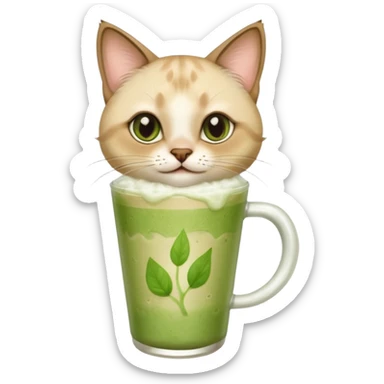 Happy Siamese Cat holding in its front two paws an iced matcha latte sticker