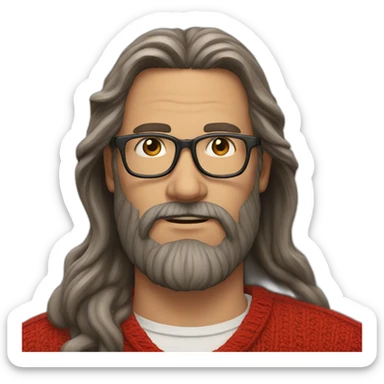 Middle age man with long beard and long hair and in glasses and in red sweater sticker