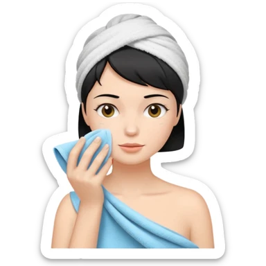 a white woman who has black short hair cleaning her face sticker