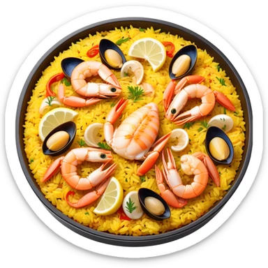 cinematic-realistic-paella-dish-emoji,-depicted-as-a-vibrant,-aromatic-rice-dish-loaded-with-seafood,-chicken,-and-saffron-rendered-with-rich-textures-and-dynamic,-warm-lighting with a lemon slice in the middle sticker