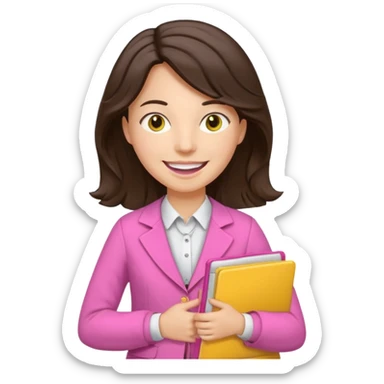 Teacher emoji but : wavy black volume brown hair, light western skin, no glasses, dark eyes, with a computer folder in the hand (color is yellow), being a teacher, wearing pink backpack but wear a teacher formal outfit, smile with teeth







 sticker
