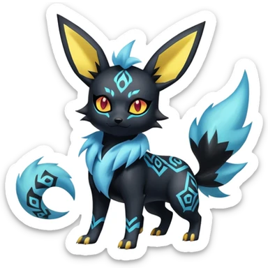 Shiny Exotic Badass Colorful Ethereal Royal Mysterious Gothic Umbreon-Jolteon-Litten-Noibat-Pokémon-Fakémon-hybrid-creature (full body) with pattern-markings sticker