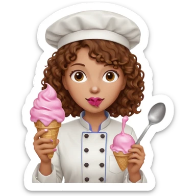 woman brown curly hair, chef, eating pink ice cream sticker