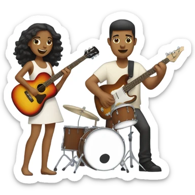 Tan man playing guitar, brown girl playing bass, white guy playing drums sticker
