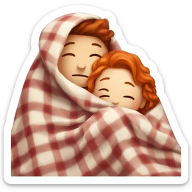Boy with a moustache hugs a girl with red hair , under a blanket sticker