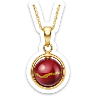 A polished round ball wine jasper pendant suspended from a delicate gold chain, like a drop of enchanted starlight, glowing with the warmth of passion and the quiet power of transformation sticker