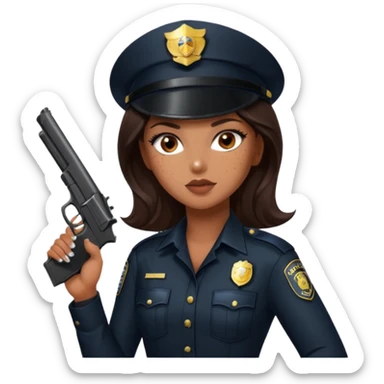 A sexy girl. with caramel skin. Dark brown hair and brown eyes. She has freckles. Wearing sexy makeup. Dressed as a sexy cop. Wearing heels. Holding a gun sticker