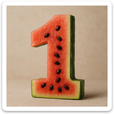 realistic textured number 1 made out of watermelon, with visible fruit texture and seeds sticker