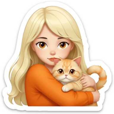 Beautiful girl with long wave black hair and blonde platinum bangs hugging orange Persian cat sticker