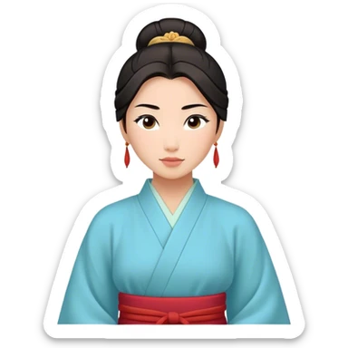Cinematic Timeless Mulan Portrait Emoji, rendered in a clean vector style. Depict Mulan with warm, light-toned skin, neatly styled dark hair in a traditional bun, and a serene, confident expression, dressed in a simple traditional robe with minimal decoration. The image is highlighted by a soft, inviting glow and a subtle glowing outline, capturing enduring beauty and quiet strength. sticker