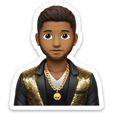 Usher with dark brown hair, black sequin jacket, shirtless with necklace  sticker