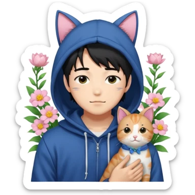Gorgeous romantic anime style Asian shojo guy with cat ears and flowers and blushing face and hoodie aesthetic trending style outside sticker