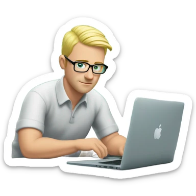 man looks 35 classes, european, tech nerd love pcb designing, blond short hair, blue eyes with specs behind macbook on with green pcb on the desk sticker