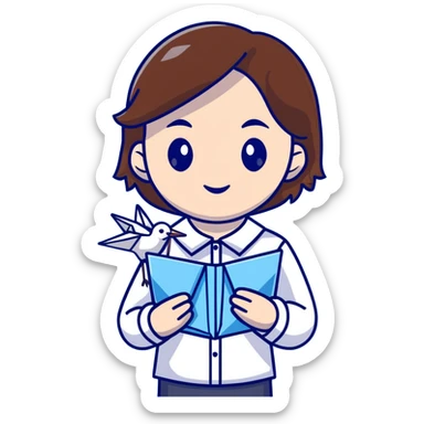 A happy Ukrainian young girl with brown hair in a white embroidered shirt holds an origami blue crane sticker