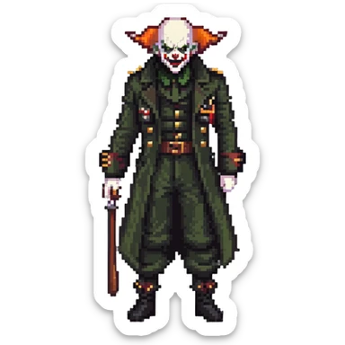 evil clown soldier, bald, black horns on forehead, angry expression, showing fangs, pointed ears, eye patch over one eye, long coat over black and military green clothes with bellbottom pants, tail, holding a different style of whip, realistically proportioned, less bulky, full body, fighting stance sticker