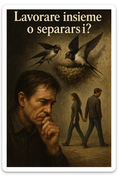 Vertical format: An Italian text 'Lavorare insieme o separarsi?' with a man observing two swallows building a nest together, next to a human couple walking away, detailed, emotional, contrast between cooperation and separation. sticker