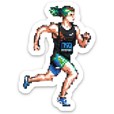 Pixelated athlete running with oxygen level indicator above head, fitness measurement sticker