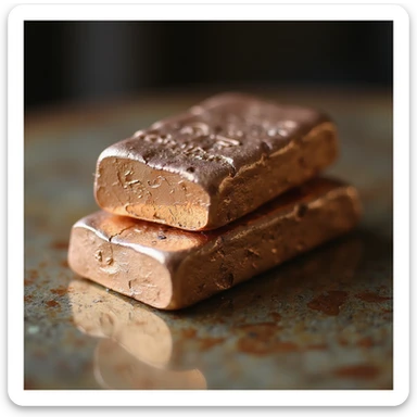 realistic copper ingot, stacked, metallic reflections, high detail sticker