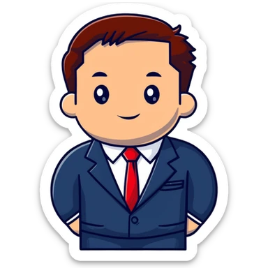 man wearing a dark blue-gray business suit with a white shirt and a red tie sticker