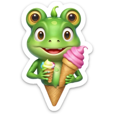 cute frog eating ice cream, happy face, holding a colorful ice cream cone, 3D cartoon, mobile game icon style, bright colors, soft shadows, clean background, no text, no watermark
 sticker