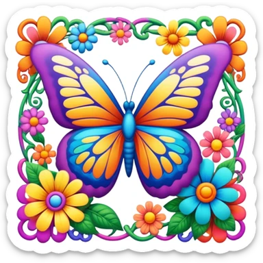 3D, psychedelic colored hippie style border with a butterfly and flower sticker
