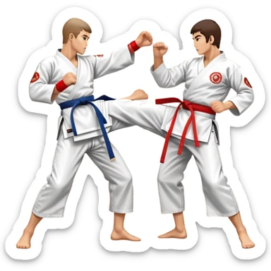 Two karate fighters in traditional gi sparring. One executes a high kick aimed at the opponent’s head, while the other blocks with a strong hand defense. The background features a classic dojo with wooden flooring and banners. Dynamic motion and focused expressions. Transparent background. sticker