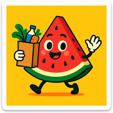 cute watermelon slice mascot with expressive face, holding a grocery bag, for an egrocery brand, vibrant and appealing sticker