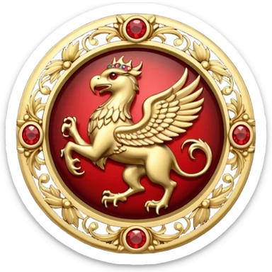Golden griffin crest / brosch in a circle with red gems sticker