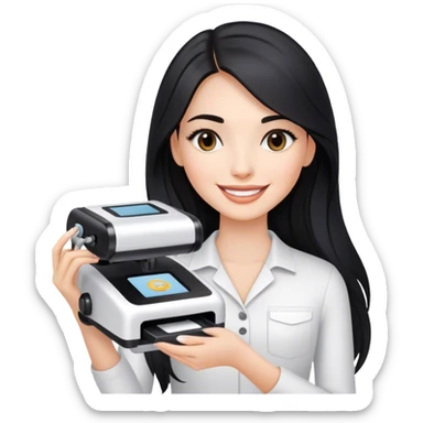 улыбающияся девушка брюнетка с длинными черными волосами и машинкой для перманента в руке sticker