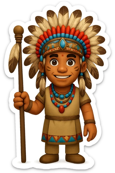 Create a full-body tribal chief standing tall, holding a ceremonial staff, wearing a feathered headdress, with a friendly expression in emoji style. Focus on capturing the emoji style characteristics in the design. sticker