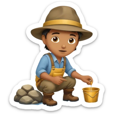 create a gold miner panning for gold near a stream sticker