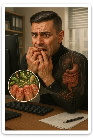 Anxious man at office desk unconsciously biting fingernails, microscopic overlay showing parasitic eggs and bacteria concentrated under nail beds, worms and microorganisms being consumed with each bite, expression of nervous habit unaware of contamination, computer screen reflecting his stress while he infects himself, fingertips raw and bleeding from chronic nail-biting, invisible parasite colonies entering his digestive system sticker