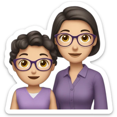 girl teacher in glasses with dark hair teacher in a lilac shirt with child sticker