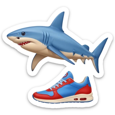 A blue shark with blue human legs and red sneakers sticker