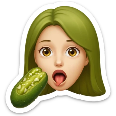 A girl opening her mouth insanely wide with a pickle going down her throat  sticker