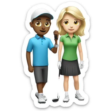 Blonde little boy and brunette little girl golfing with blonde golf coach sticker