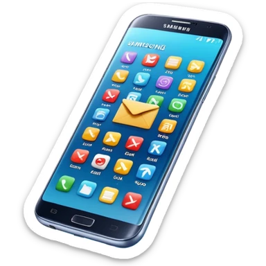 Hyperrealistic ultra detailed 3D rendering and isolated, 8K HD, Must be visual appealing, not blurry, no emoji icons, no emoji faces. A Samsung phone with a little up screen showing icons and symbols for email and Canva logo design. Vivid and bright, realistic colors.  sticker