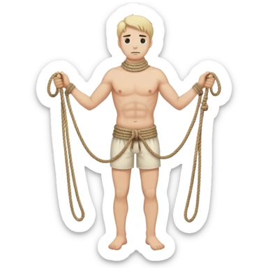 A man with a rope tied by his neck hanging, dead eyes, full body hanging, no other ropes around him sticker