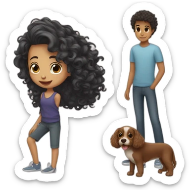 short hair boy with long hair girl with curly dog sticker
