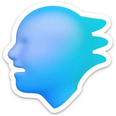 Emoji 3D de rosto de perfil soprando vento, estilo gradiente azul e branco, fundo transparente. sticker
