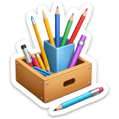 small box of teaching supplies with a pencil, ruler, and markers sticking out sticker