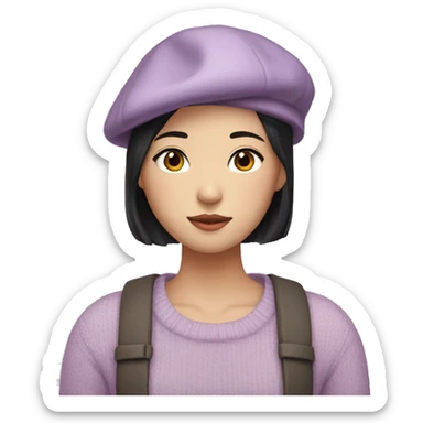 korean girl short black hair sharp jawline, attractive wearing a lilac sweater and beret sticker