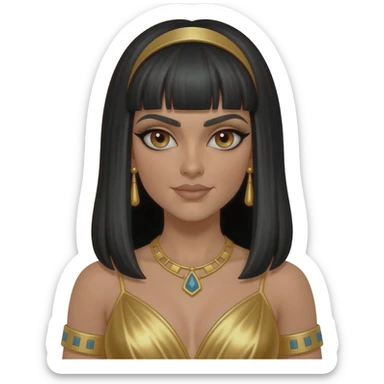 Cleopatra with hazel eyes, long black hair, gold metallic dress, gold necklace and earrings sticker