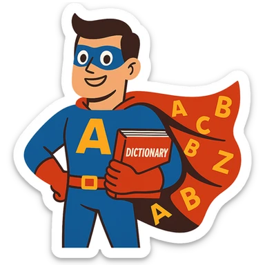 super hero for language learning, holding a dictionary and wearing a cape with alphabet symbols sticker